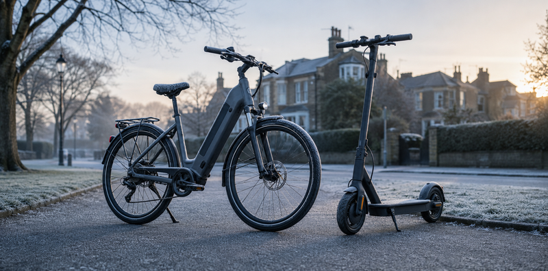 Electric bike and electric scooter on a frosty winter morning in the UK