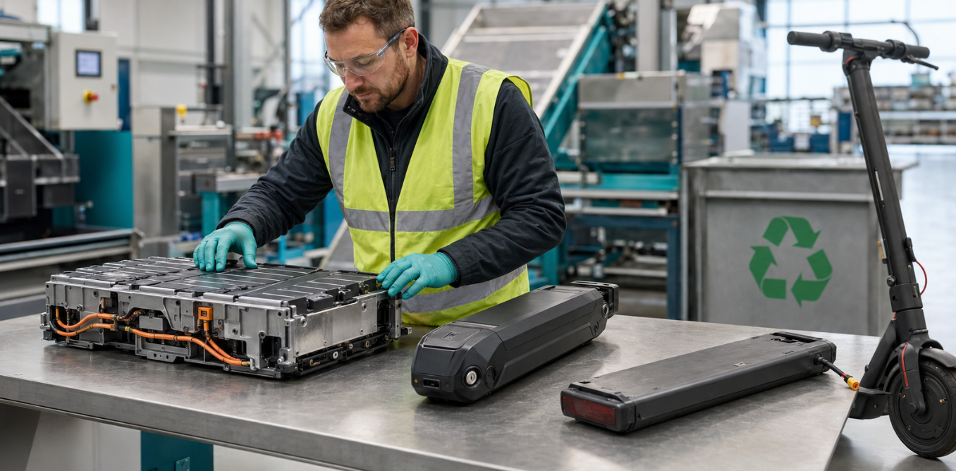 Electric car, e-bike and e-scooter batteries being inspected at a specialist recycling facility.