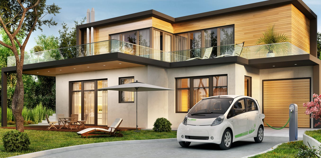Electric car connected to a UK home using vehicle-to-home charging
