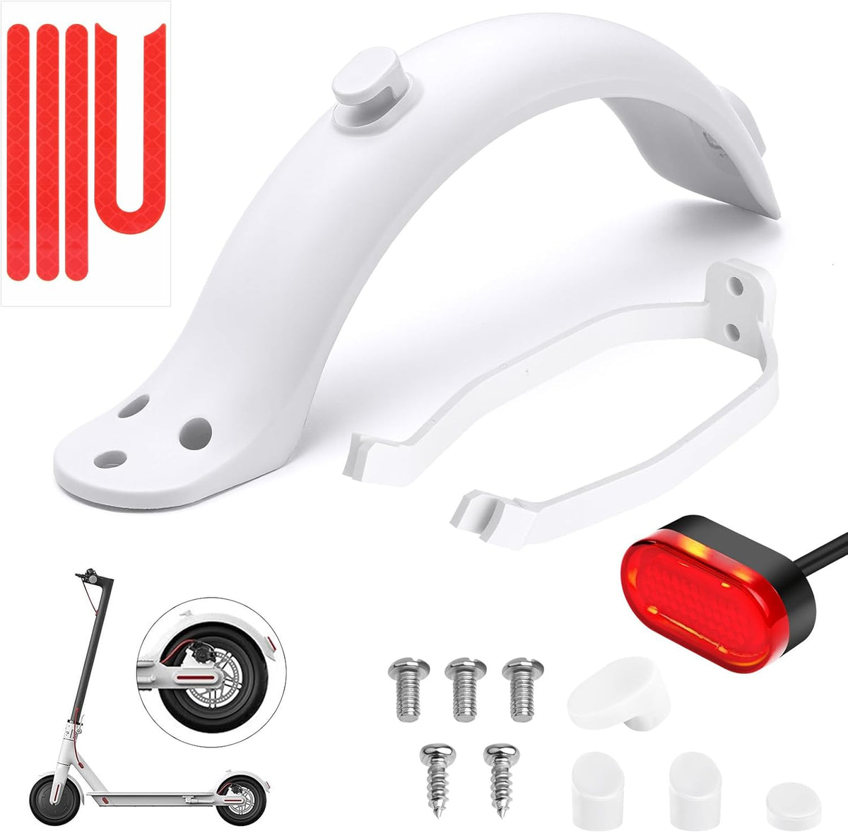 White Xiaomi M365 rear mudguard kit with LED light