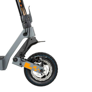 KuKirin G2 front wheel, disc brake and spring suspension close-up