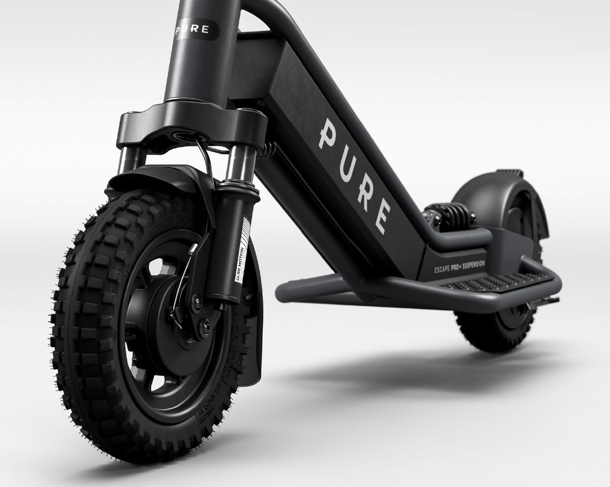 Pure Escape Pro+ Suspension electric scooter – front wheel and suspension fork detail
