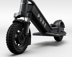 Pure Escape Pro+ Suspension electric scooter – front wheel and suspension fork detail