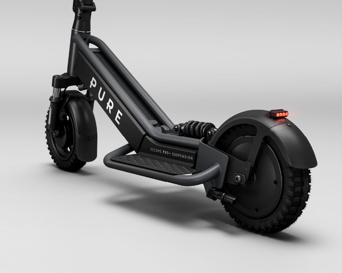 Pure Escape Pro+ Suspension electric scooter – rear wheel and foot platform detail