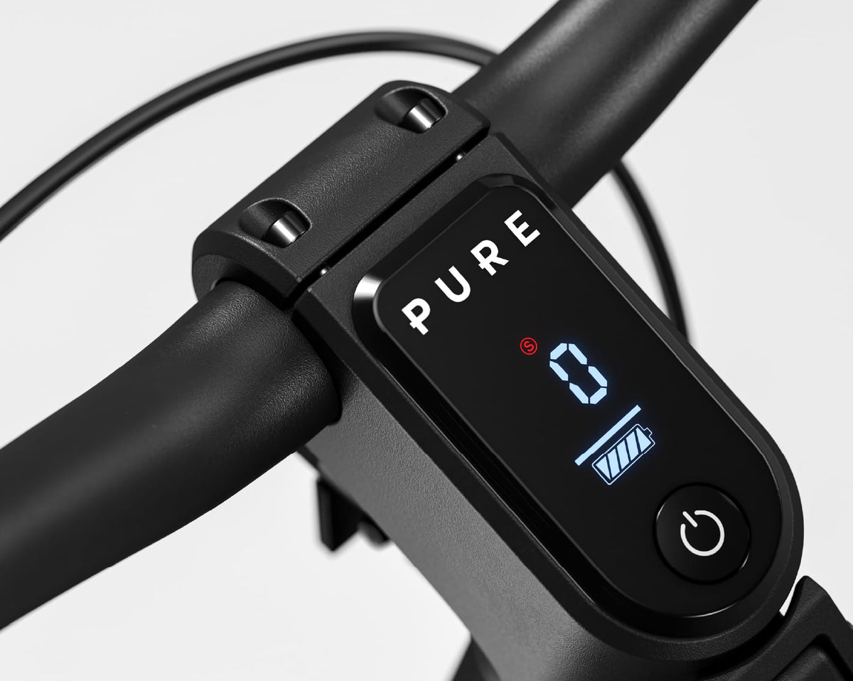 Pure Escape Pro+ Suspension electric scooter – handlebar display and power button