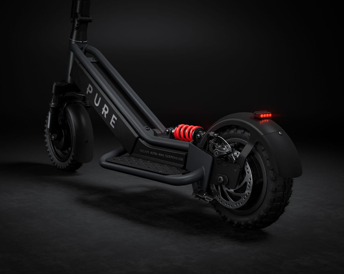 Pure Escape Ultra Max Suspension electric scooter – rear wheel, brake and suspension detail