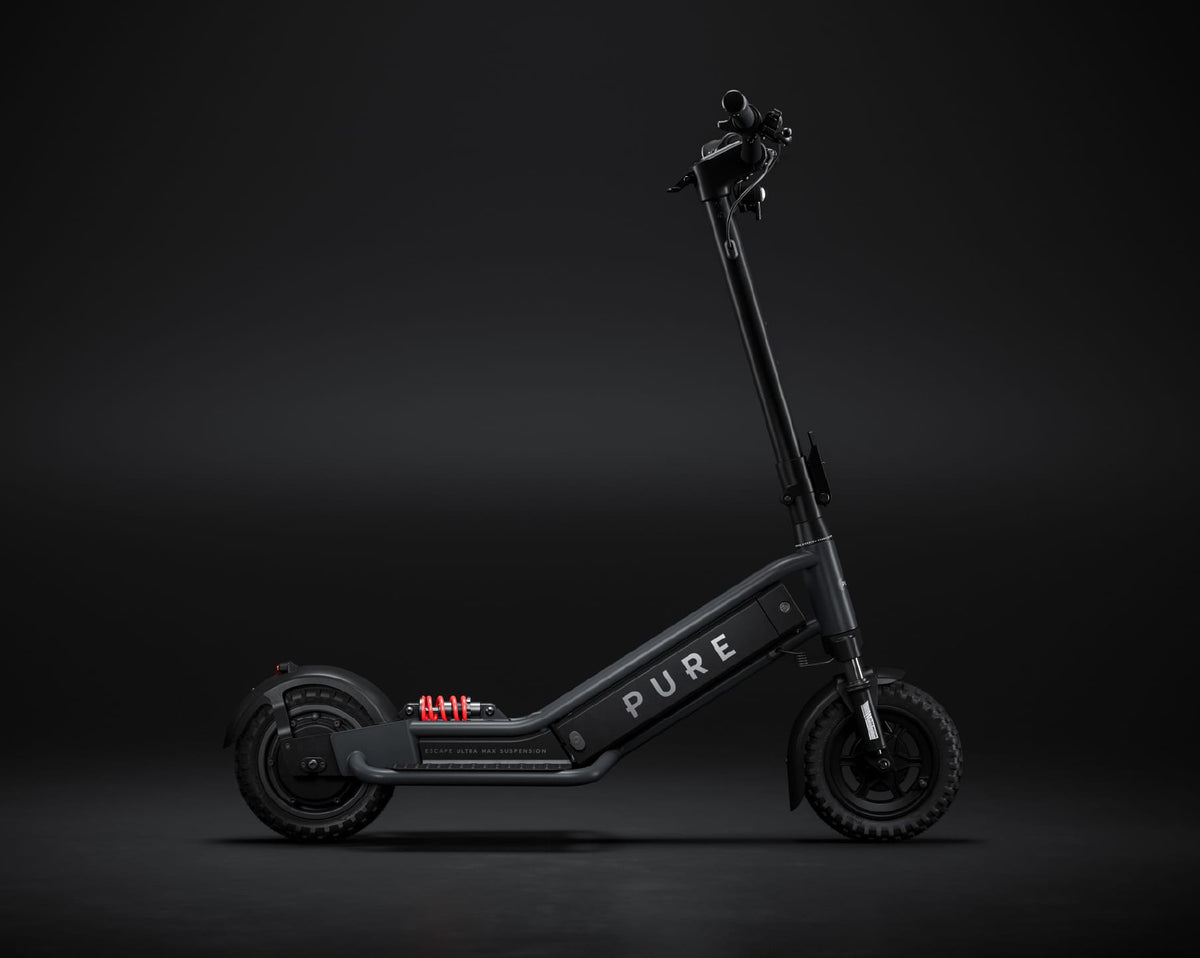 Pure Escape Ultra Max Suspension electric scooter – side profile with red rear suspension