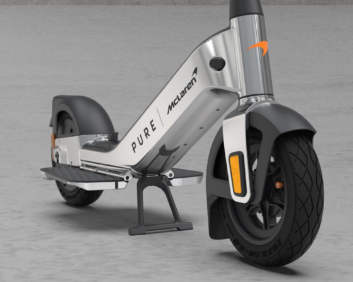 Pure x McLaren Chrome electric scooter – front three-quarter view showing chrome finish