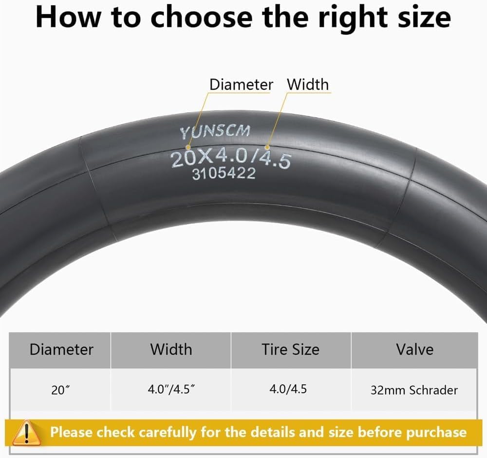 YunSCM size guide showing 20 x 4.0–4.5 and 32mm Schrader valve