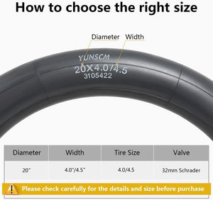 YunSCM size guide showing 20 x 4.0–4.5 and 32mm Schrader valve