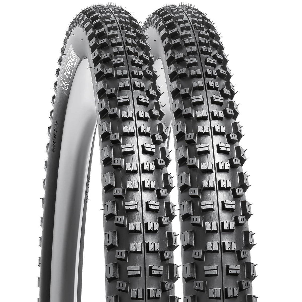 Pair of black YunSCM 29 × 2.25 120TPI mountain bike tyres with block tread