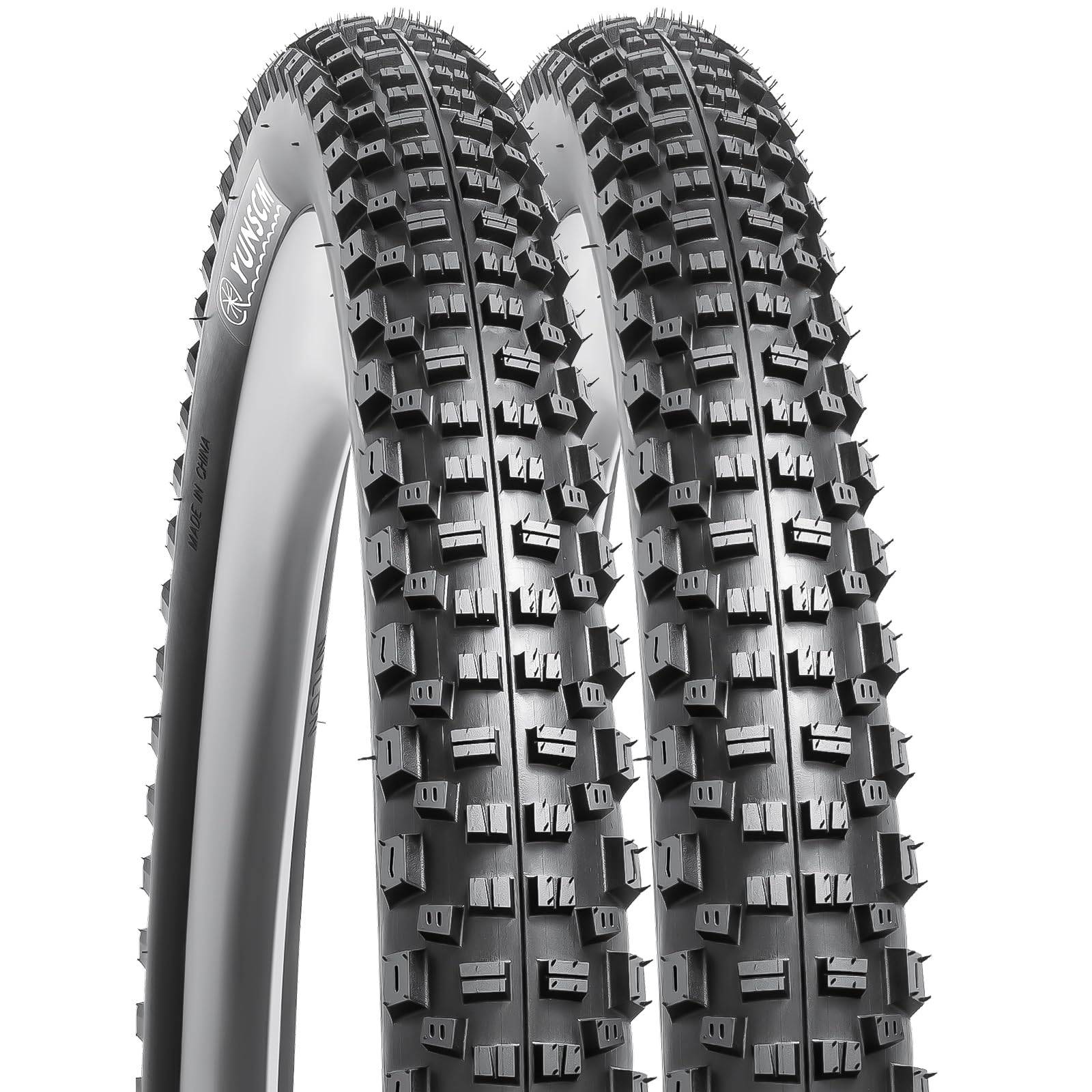 Pair of black YunSCM 29 × 2.25 120TPI mountain bike tyres with block tread